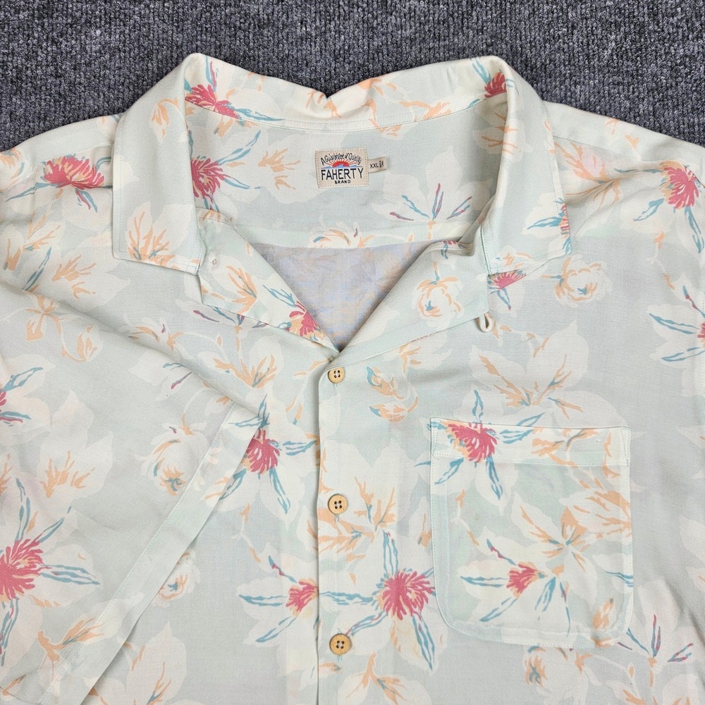 Faherty Camp Collar Button Up Shirt Men XXL Short Sleeve Floral Rayon Mint Green